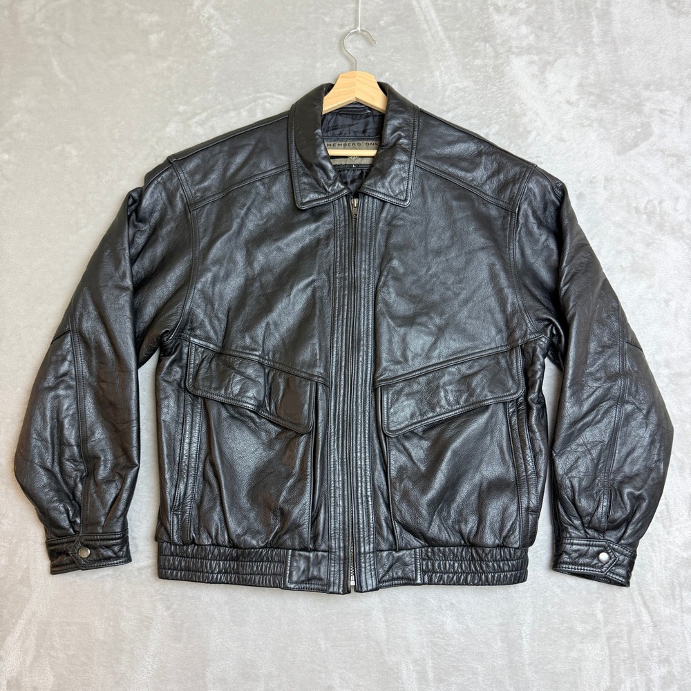 Vintage 90s Members Only Leather Flight Bomber Jacket Mens L Black Full Zip Soft